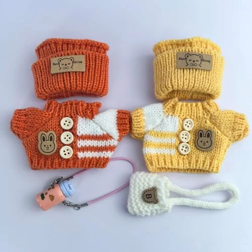 Clothes Set For Labubu 17cm(6.7inche) Dolls,Handcrafted Crochet 2-Piece Set Contains 6 Accessories, Stylish Clothes For Doll (no Doll) (Orange+Yellow) 4 Clothes Set For Labubu 17cm(6.7inche) Dolls,Handcrafted Crochet 2-Piece Set Contains 6 Accessories, Stylish Clothes For Doll (no Doll) (Orange+Yellow) - Image 4