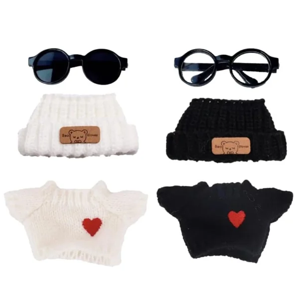 Clothes For 17cm Doll Accessories,Outfits For Labubu，Knit Black And White Sweaters, Beanie Hats And Sunglasses,2 Sets No Doll