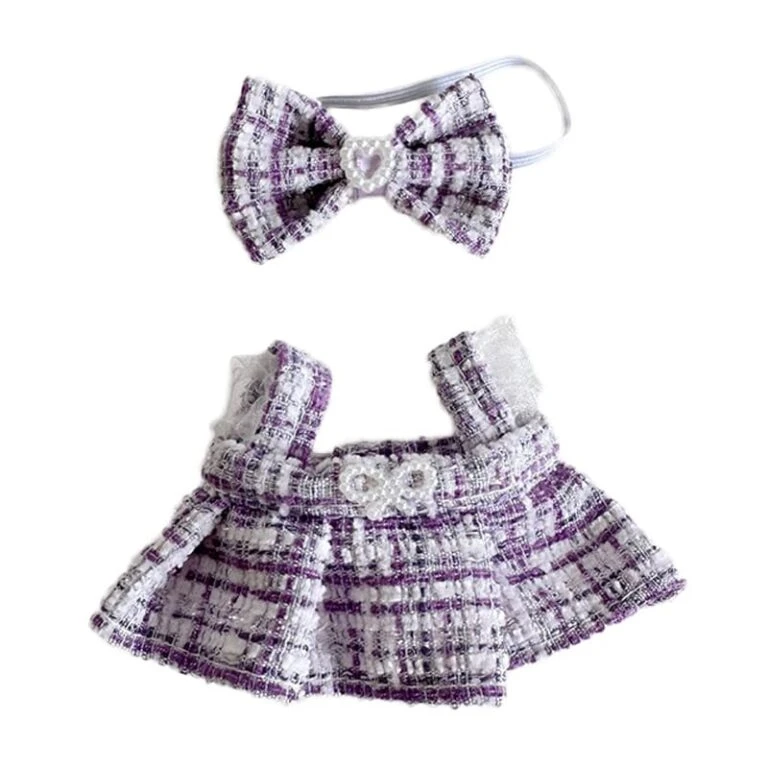 Clothes Set Compatible With Labubu, 6.7 Inches Cute Doll Clothes For Dress Up Unique Style - Two Piece Purple Pearl Bow Fragrant Skirt Set